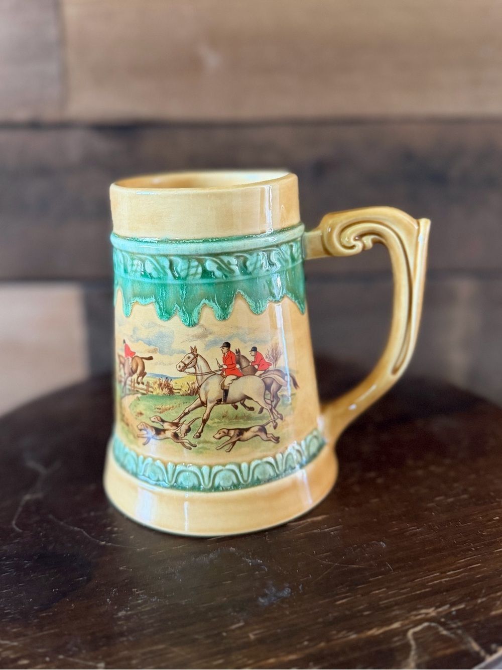 Vintage English Hunt Scene Ceramic Stein Mug Equestrian Fox Hunt Tankard